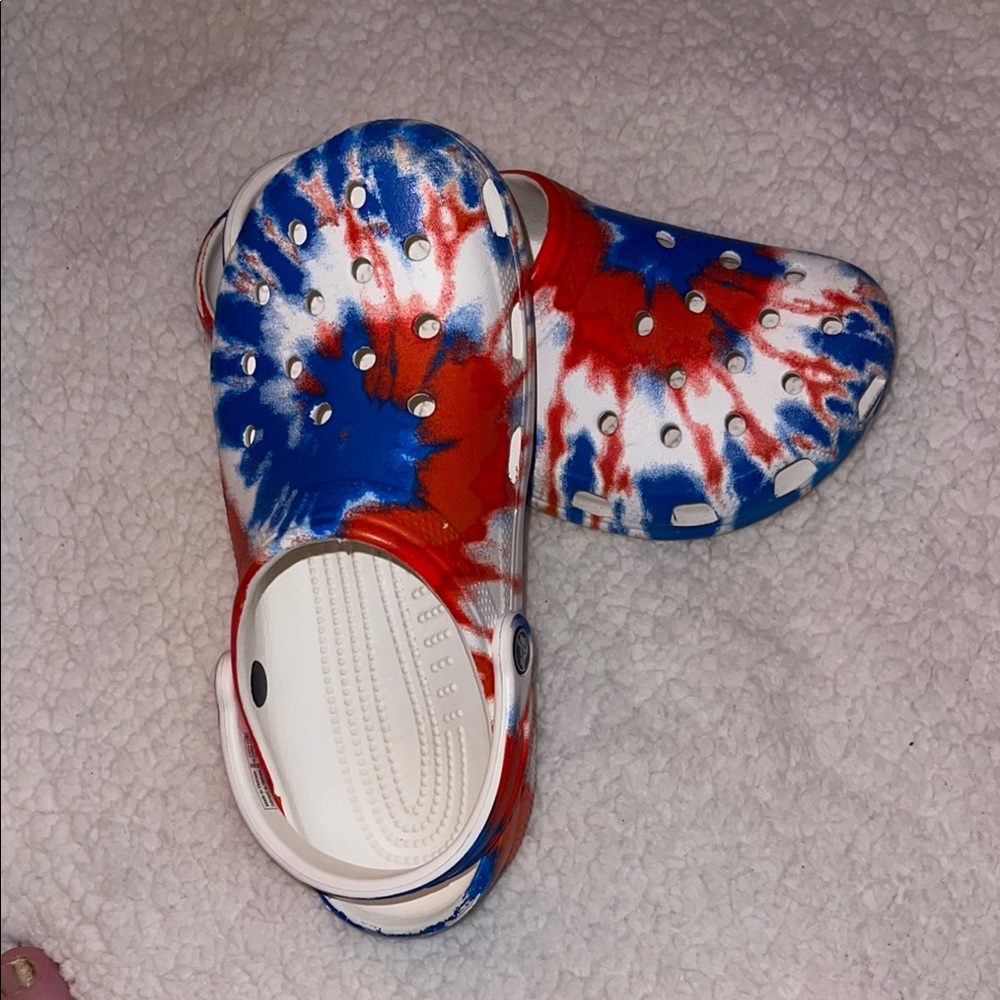 CROCS Red and Blue Sandals with Tie-Dye Design
